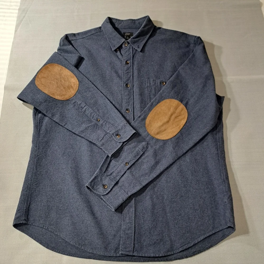 J‎ Crew Men's Collared Button Shirt Blue XL Long Sleeve Leather Elbow Patch